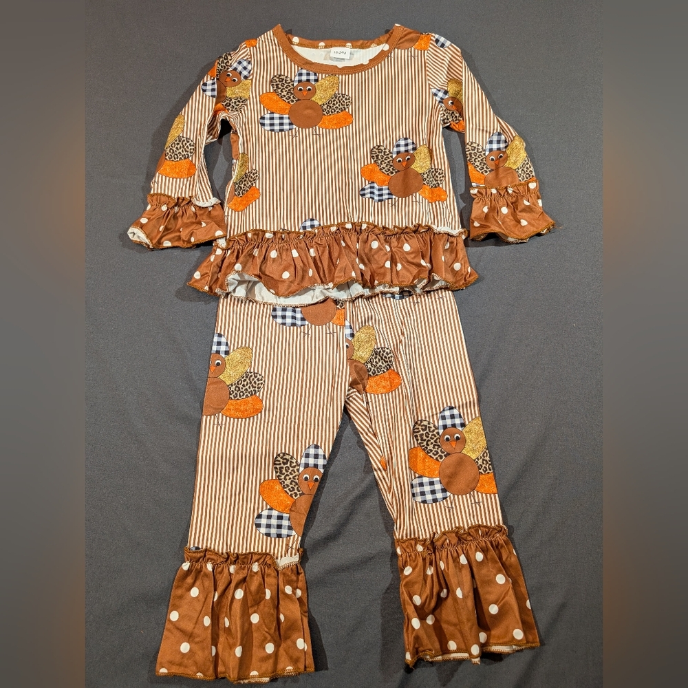 Girls Autumn Turkey Ruffle Pajama Set - Brown & Orange